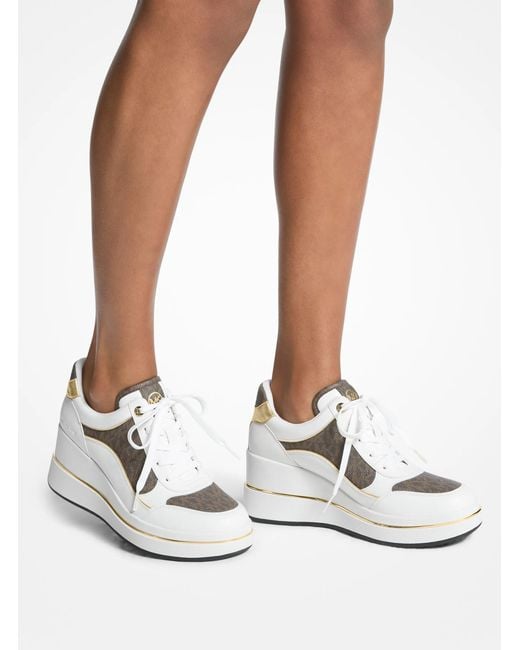 Michael Kors White Mk Emmy Signature Logo And Leather Wedge Trainer