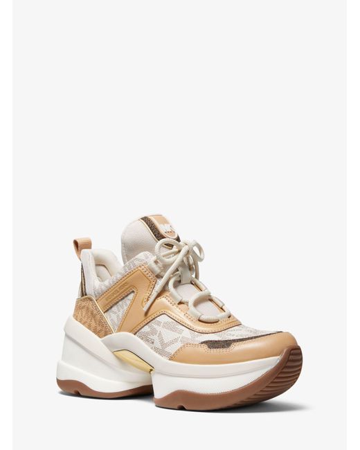 Michael Kors Natural Olympia Logo And Leather Trainer
