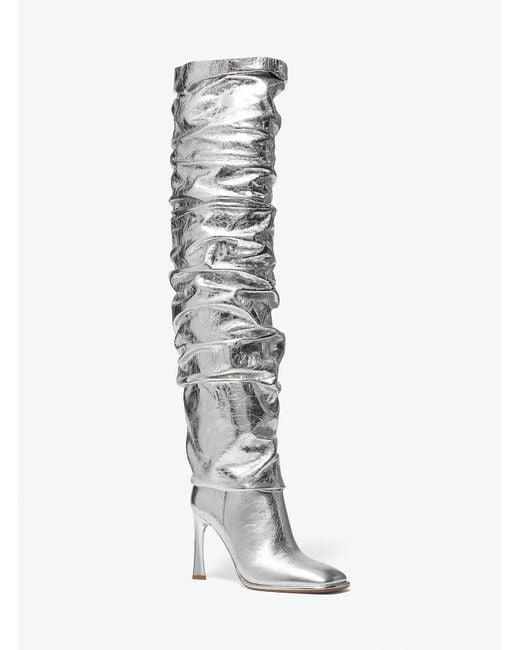 Michael Kors White Mk Kelsea Crackled Metallic Leather Slouchy Boot