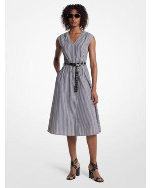 Michael Kors White Striped Cotton Poplin Belted Midi Dress