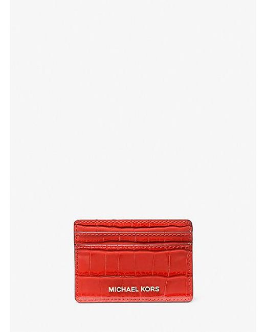 Michael Kors Red Mk Jet Set Small Crocodile Embossed Leather Card Case