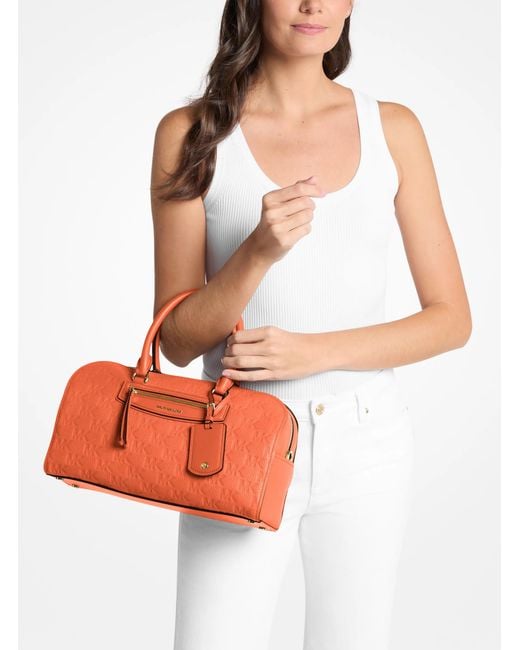 MICHAEL Michael Kors Brown Jet Set Travel Medium Logo Embossed Leather Duffel Crossbody Bag