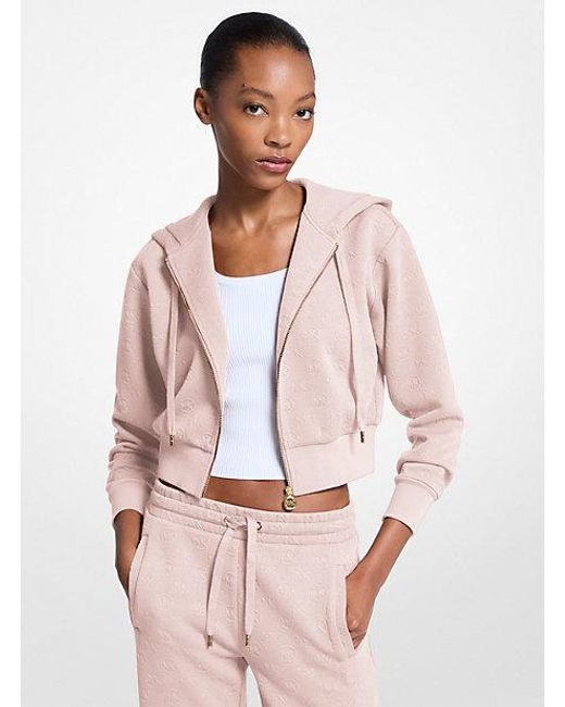 Michael Kors Red Logo Jacquard Charm Jacquard Cropped Zip-Up Hoodie