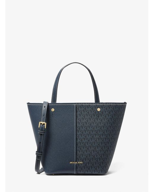 MICHAEL Michael Kors Blue Mk Flora Medium Signature Logo And Pebbled Leather Tote Bag