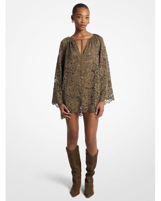 Michael Kors Natural Mk Studded Corded Floral Lace V-Neck Dress