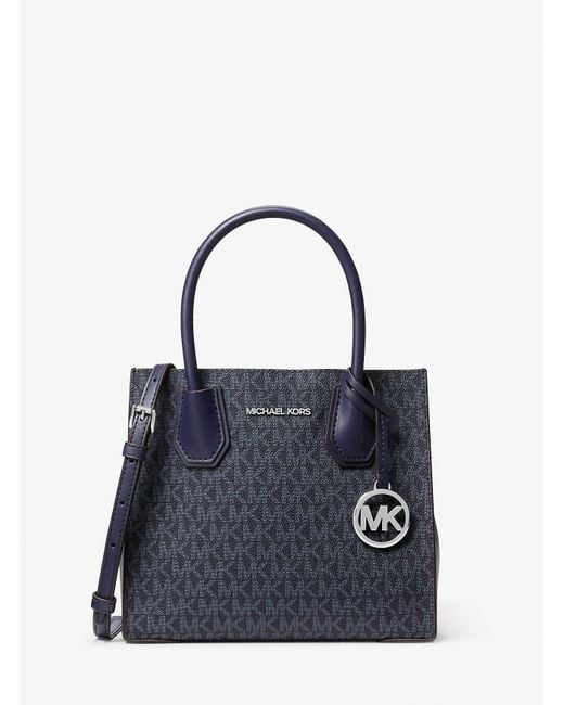 Michael Kors Outlet Blue Mk Mercer Medium Logo And Leather Accordion Crossbody Bag