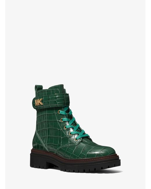 Michael Kors Stark Crocodile Embossed Leather Combat Boot in Green | Lyst