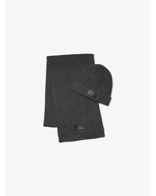 Michael Kors Black Mk Ribbed Knit Beanie Hat And Scarf Set for men