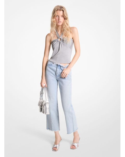 Michael Kors Blue Mk Metallic Stretch Knit Cutout Halter Tank