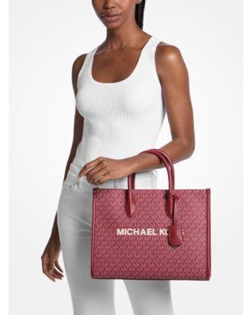 Michael Kors Pink Mirella Medium Metallic Signature Logo Tote Bag