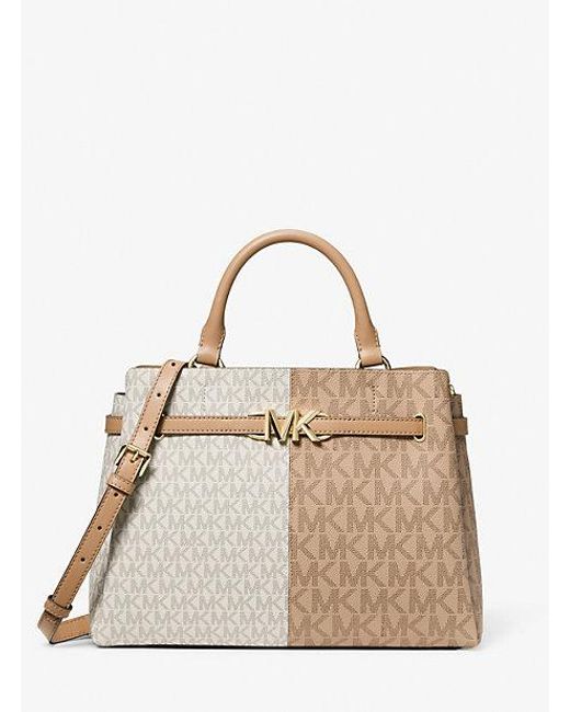 Michael Kors Natural Reed Large Two-tone Graphic Logo Belted Satchel
