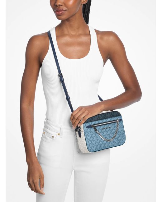 Michael Kors Outlet Blue Mk Jet Set Large Signature Logo Crossbody Bag