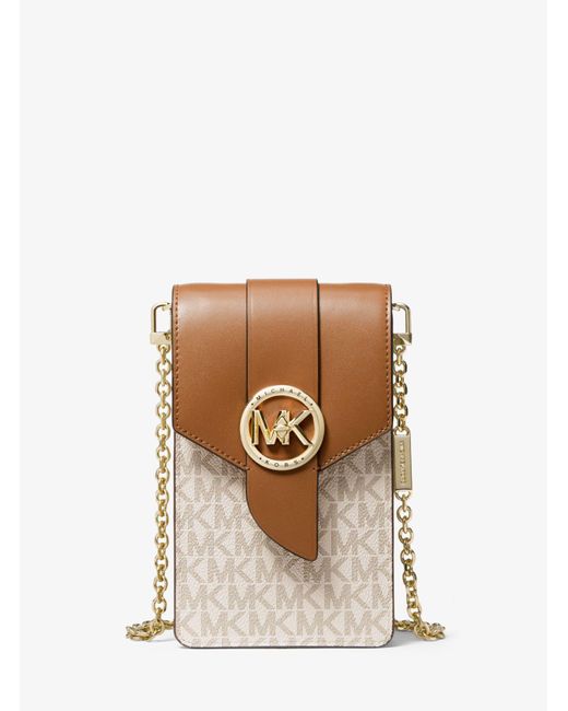 Michael Kors Small Logo And Leather Smartphone Crossbody Bag in Brown | Lyst