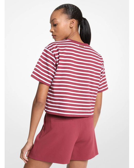 MICHAEL Michael Kors Red Mk Striped Logo Cotton Cropped T-Shirt