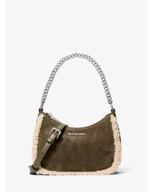 Michael Kors Green Jet Set Small Suede And Faux Shearling Convertible Crossbody Bag