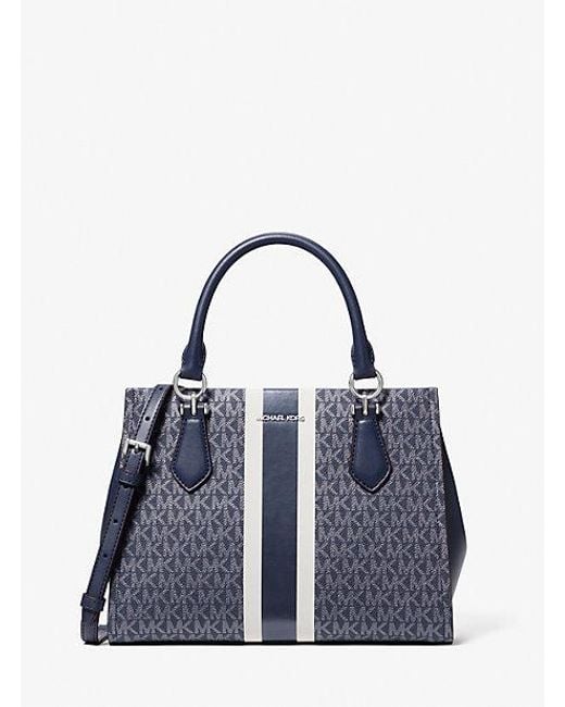 Michael Kors Blue Marilyn Medium Signature Logo Stripe Satchel