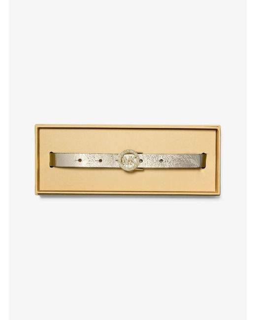 MICHAEL Michael Kors White Mk Metallic Leather Pavé Logo Belt