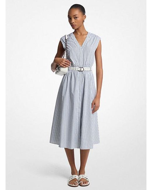 Michael Kors White Striped Cotton Poplin Belted Midi Dress