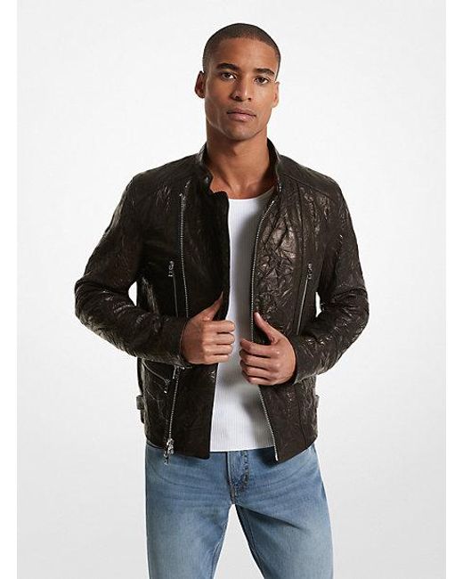 Michael Kors Black Crinkled Leather Biker Jacket for men