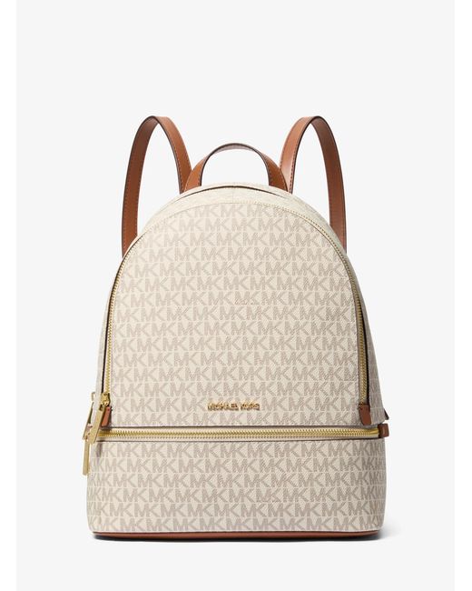 Michael Kors Outlet Natural Mk Rhea Medium Signature Logo Backpack