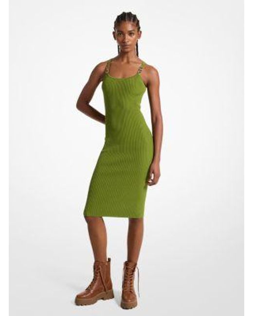 Michael Kors Green Mk Ribbed Stretch Knit Midi Tank Dress