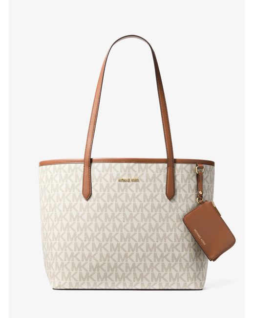 Michael Kors Outlet White Mk Jet Set Large Signature Logo Tote Bag