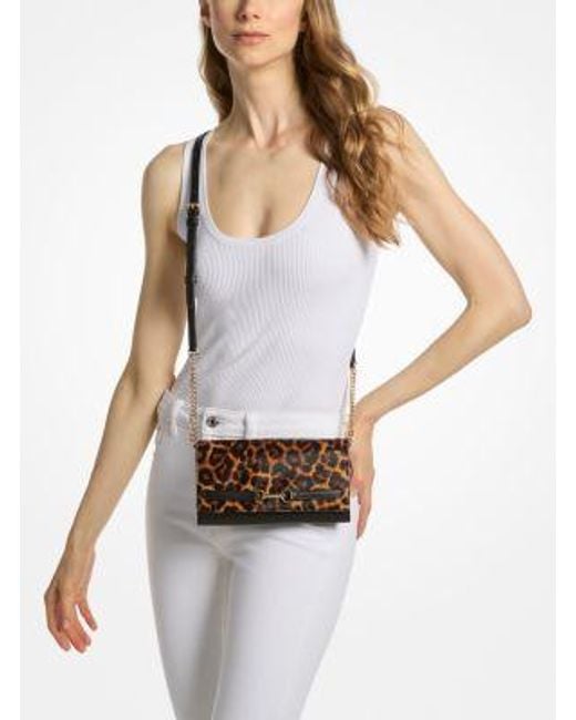 Michael Kors Gray Carson Large Leopard Print Calf Hair Crossbody Bag