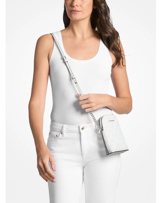 Michael Kors Outlet Natural Mk Small Signature Logo Smartphone Crossbody Bag
