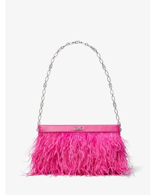 Michael Kors Pink Tabitha Large Feather Embellished Leather Clutch