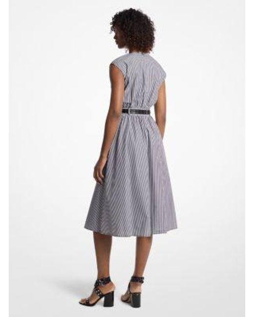 Michael Kors White Striped Cotton Poplin Belted Midi Dress