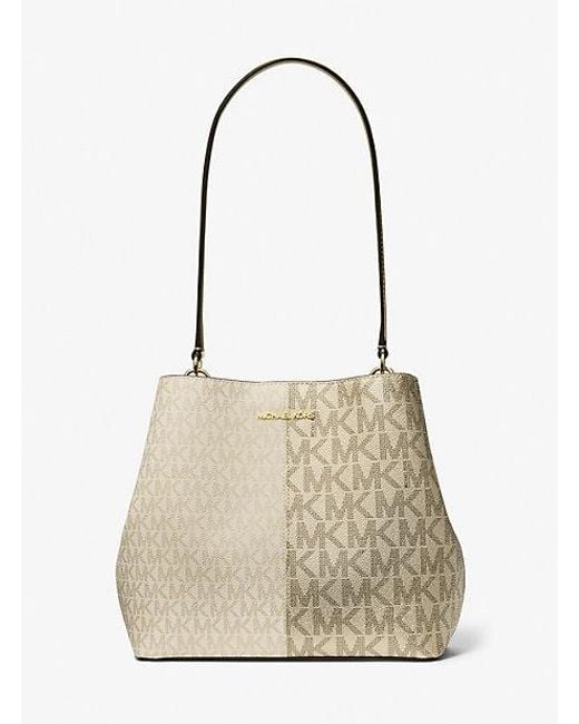 Michael Kors Natural Pratt Medium Two-Tone Metallic Signature Logo Shoulder Bag