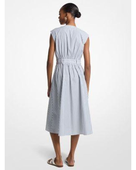 Michael Kors White Striped Cotton Poplin Belted Midi Dress