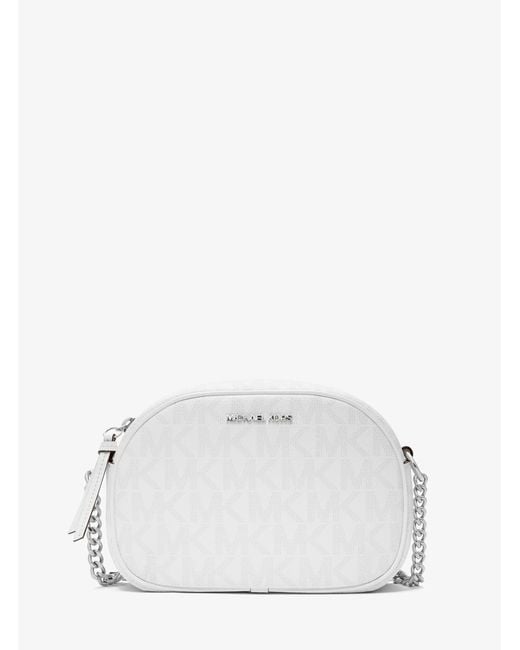 Michael Kors Outlet White Mk Jet Set Small Signature Logo Oval Crossbody Bag