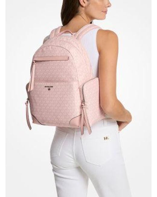 Michael Kors Pink Prescott Large Signature Logo Print Woven Backpack