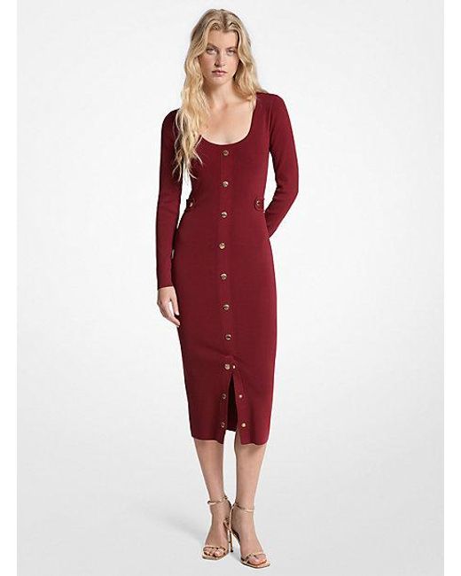 Michael Kors Red Ribbed Stretch Viscose Midi Dress