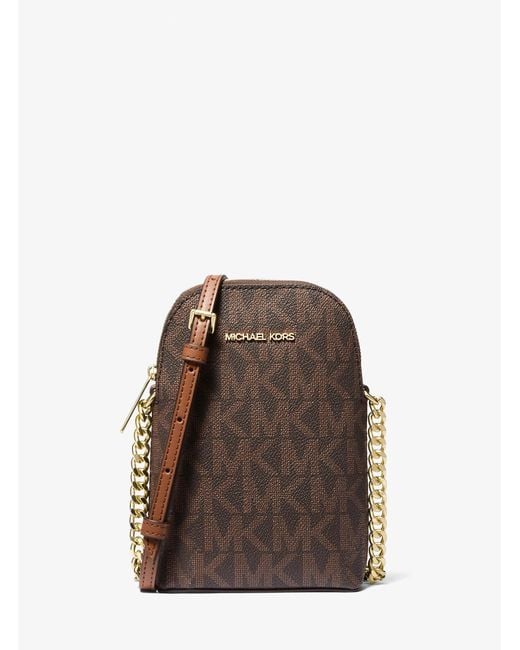 Michael Kors Outlet Brown Mk Small Signature Logo Smartphone Crossbody Bag
