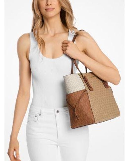 Michael Kors Natural Voyager Large Color-Block Signature Logo Tote Bag