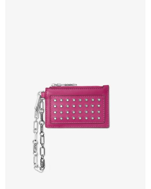 Michael Kors Pink Mk Empire Small Studded Leather Chain-Link Card Case
