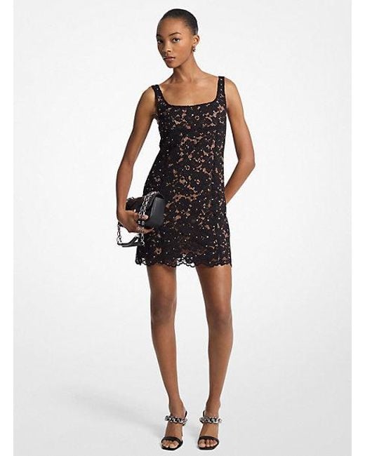 Michael Kors Women's Black Studded Corded Floral Lace Mini Dress