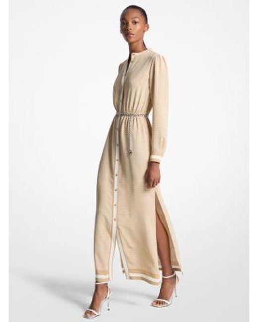 Michael Kors Natural Logo Print Satin Belted Maxi Dress