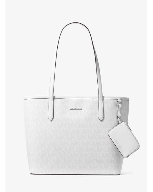Michael Kors Outlet White Mk Jet Set Large Signature Logo Tote Bag