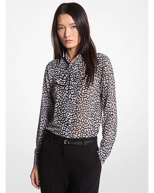Michael Kors Black Graphic Leopard Print Georgette Tie-neck Blouse