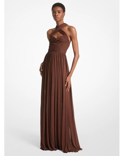 Michael Kors Brown Mk Chiffon Jersey Cross-Front Gown
