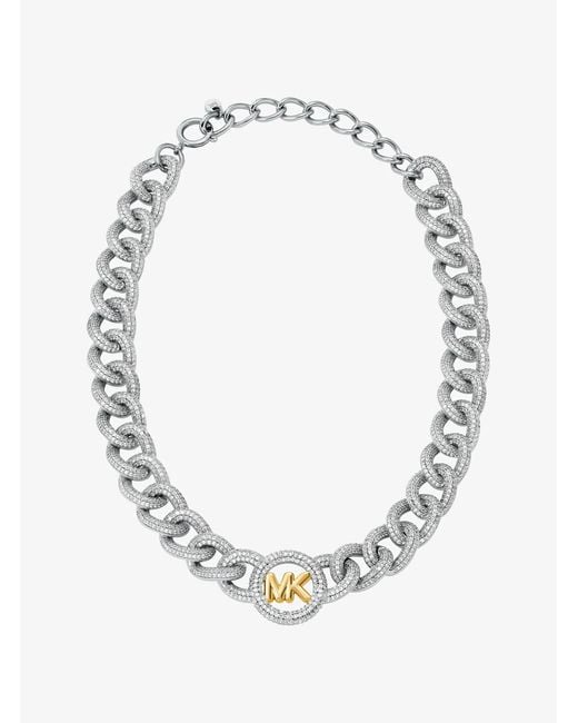 Michael Kors White Pavé Logo Curb-Link Necklace