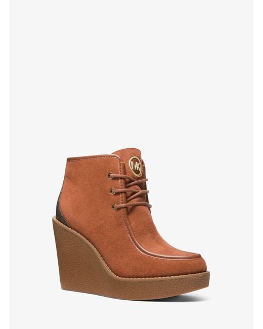 MICHAEL Michael Kors Brown Rye Suede And Logo Wedge Boot