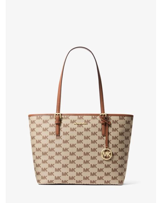 Michael Kors Outlet White Mk Jet Set Medium Logo Jacquard Tote Bag