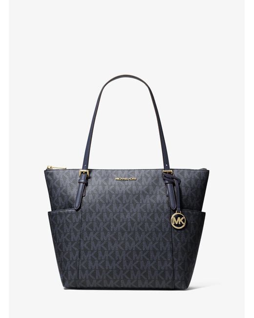 Michael Kors Outlet Blue Mk Charlotte Medium Signature Logo Top-Zip Tote Bag