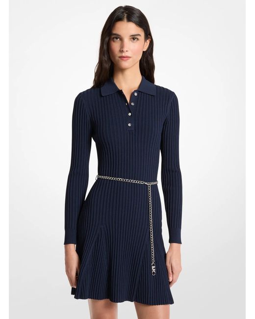 MICHAEL Michael Kors Blue Mk Ribbed Viscose Belted Polo Dress