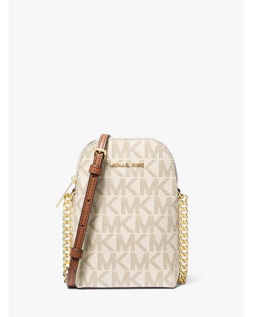 Michael Kors Outlet Natural Mk Small Signature Logo Smartphone Crossbody Bag