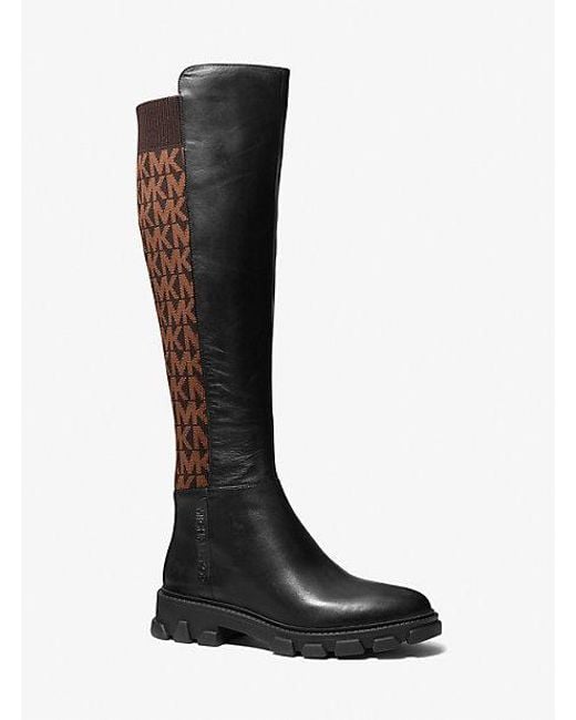 Michael Kors Black Ridley Leather And Logo Jacquard Knee Boot